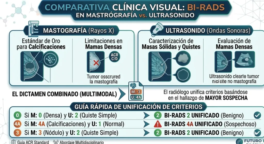 Infografía médica que compara BI-RADS en Mastografía (Rayos X) vs. Ultrasonido (Ondas Sonoras). Muestra el Estándar de Oro para calcificaciones, las limitaciones en mamas densas y la caracterización de masas y quistes. Incluye una Guía Rápida de Unificación de Criterios para resolver discrepancias de puntajes cruzados (ej. M:0/U:2, M:4A/U:1).