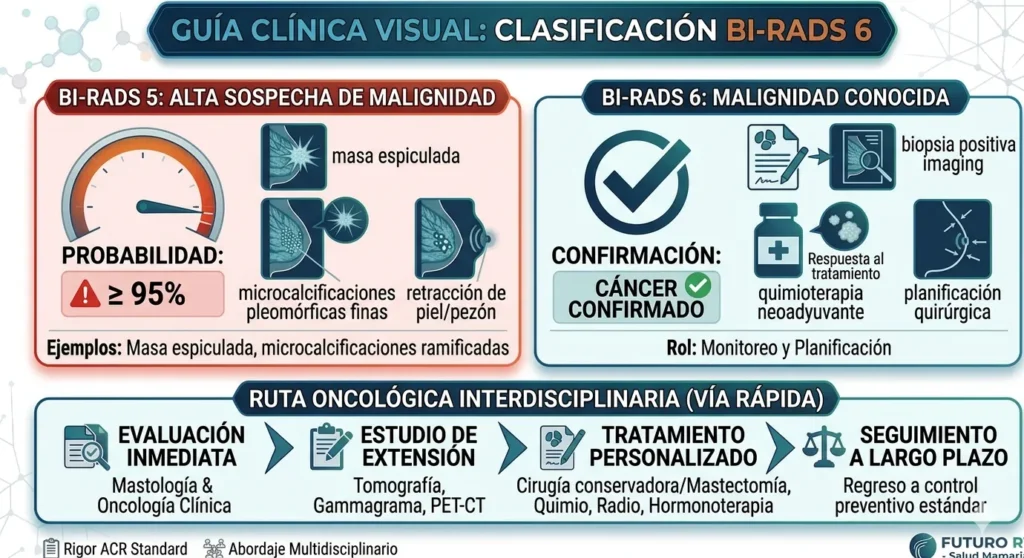 Esta infografía compara BI-RADS 5 y 6, detallando los criterios visuales de agresividad, los porcentajes de sospecha y confirmación, y la ruta de manejo oncológico secuencial.