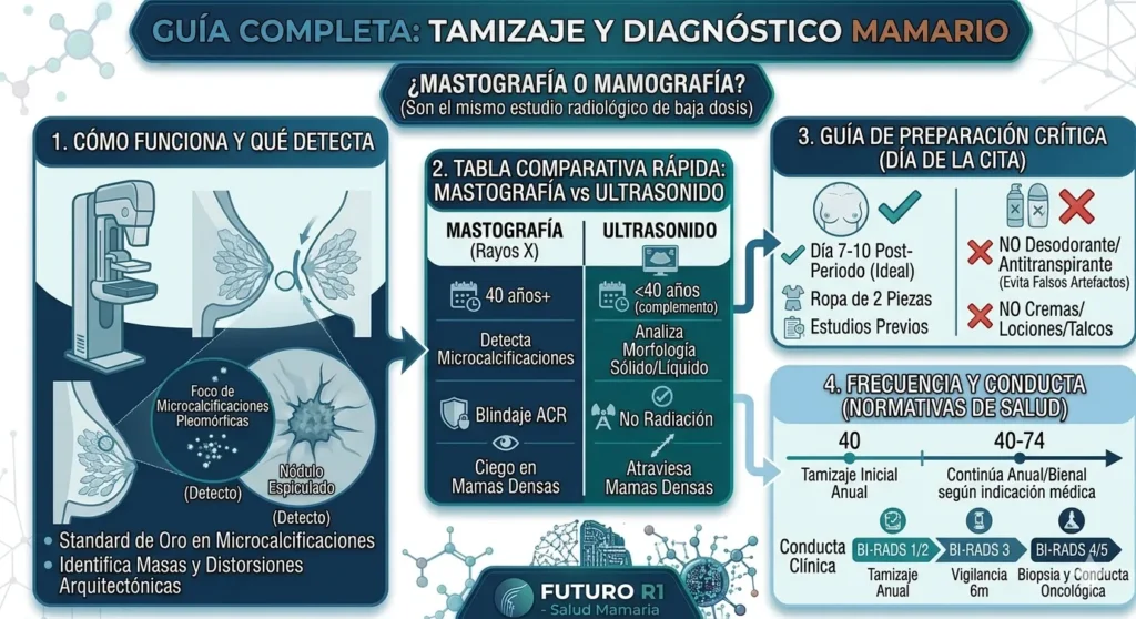 Infografía médica que sirve de guía completa para el tamizaje y diagnóstico mamario mediante mastografía y mamografía. Detalla cómo funciona el estudio, qué detecta (microcalcificaciones pleomórficas), una tabla comparativa contra el ultrasonido, la guía de preparación crítica para la paciente (prohibido desodorante y cremas) y la frecuencia recomendada por edades según normativas de salud.