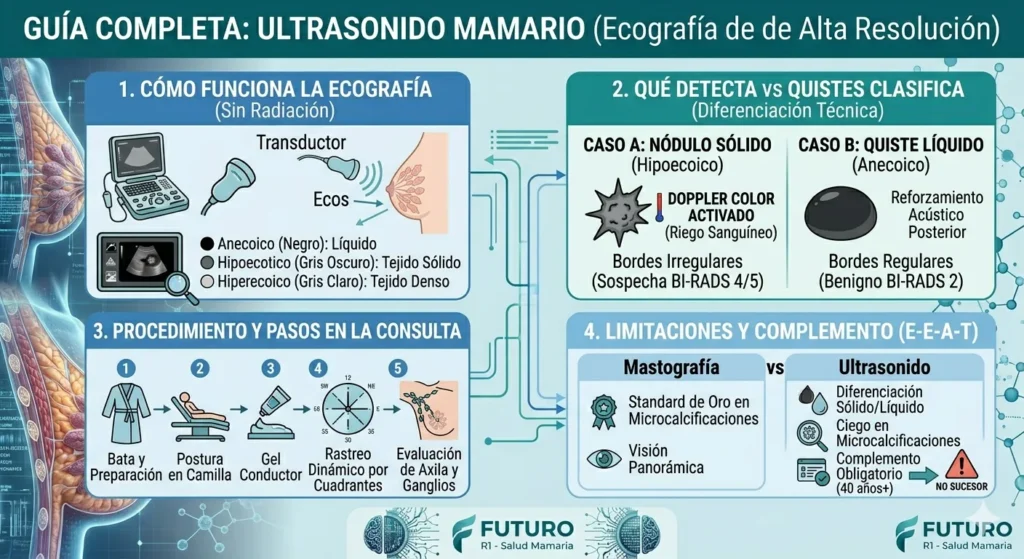 Infografía médica que funciona como guía completa de ultrasonido mamario y ecografía de alta resolución. Muestra cómo funciona la ecografía (sin radiación), la diferenciación técnica entre nódulos sólidos (hipoecoicos) y quistes líquidos (anecoicos), los 5 pasos del procedimiento en consulta, y un diagrama comparativo que resalta que el ultrasonido no sustituye a la mastografía (ciego en microcalcificaciones) pero es su complemento obligatorio a partir de los 40 años.