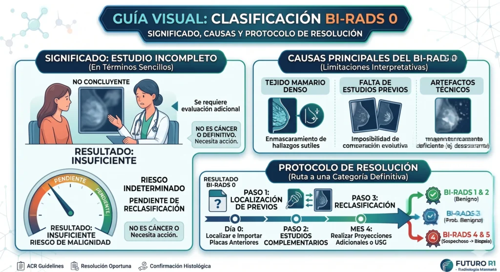 Infografía médica de BI-RADS 0: Qué significa estudio mamario incompleto, causas principales (mama densa, falta de previos) y protocolo secuencial de resolución mediante ultrasonido, tomosíntesis o comparación de placas para reclasificación final en categorías benignas o de sospecha.
