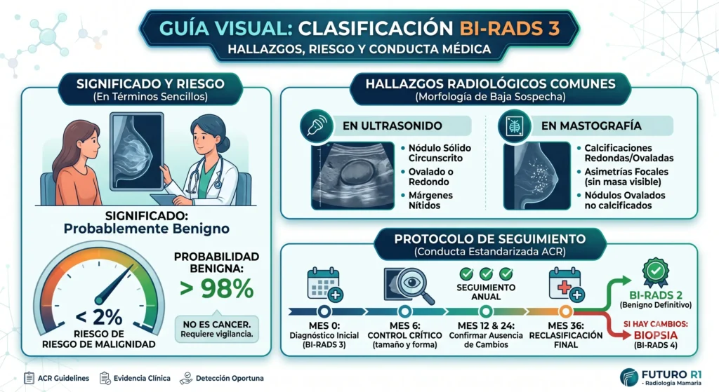 nfografía médica de BI-RADS 3: Qué significa hallazgo probablemente benigno, riesgo de malignidad menor al 2%, ejemplos visuales de nódulos y calcificaciones, y protocolo de seguimiento radiológico cada 6 meses.
