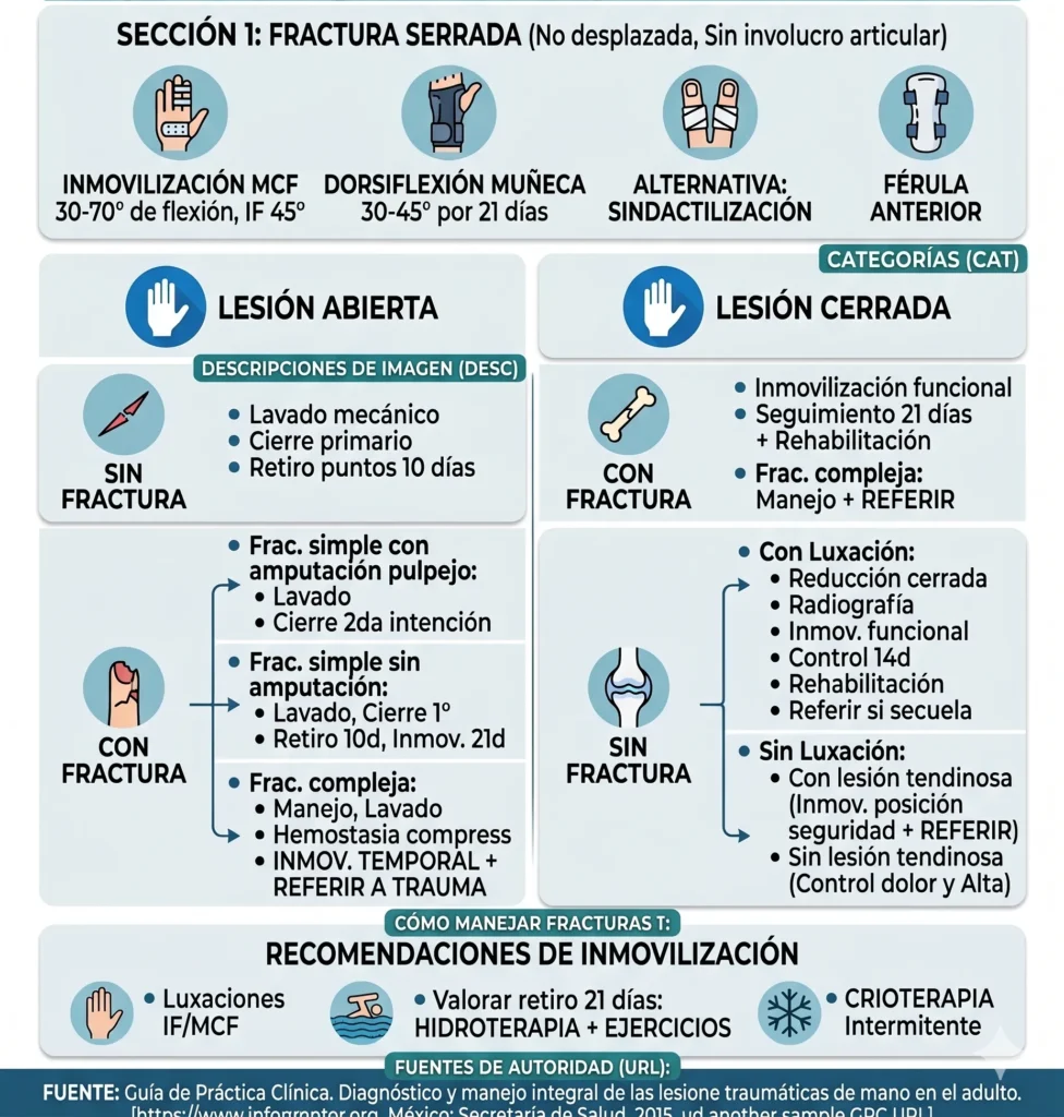 Infografía de algoritmo GPC para manejo integral de lesiones traumáticas de mano (Fracturas Abiertas/Cerradas).
