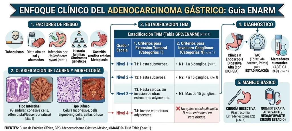 Infografía médica del ENARM sobre el adenocarcinoma gástrico, incluyendo la tabla de estadificación TNM de la GPC.