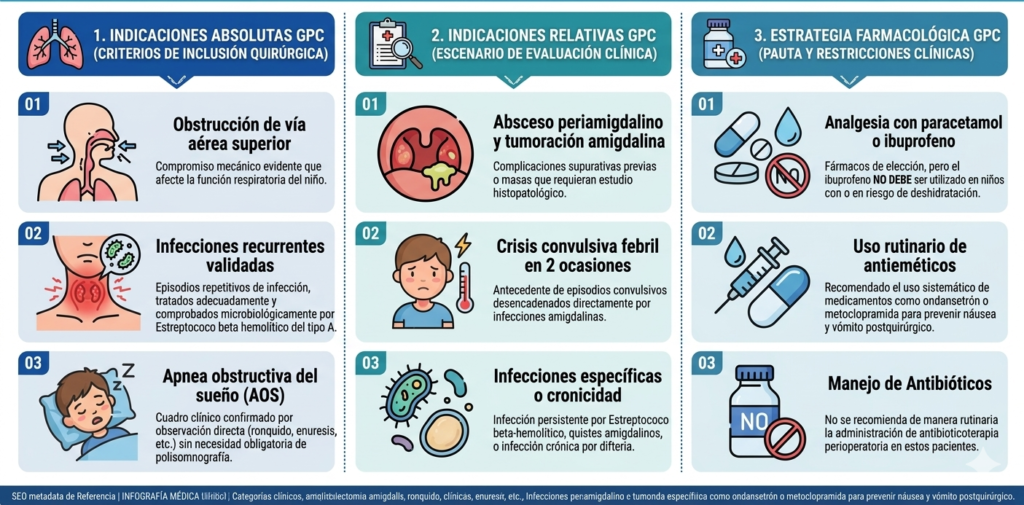 Infografía médica de guía GPC consolidada con criterios quirúrgicos absolutos y relativos y manejo farmacológico perioperatorio para amigdalectomía en niños.