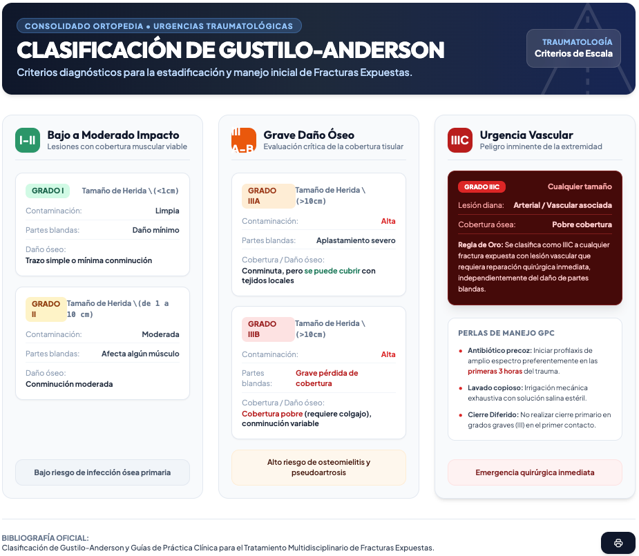 Infografía médica sobre la Clasificación de Gustilo-Anderson para fracturas expuestas, detallando los Grados I, II, IIIA, IIIB y IIIC según tamaño de herida, contaminación, afección de partes blandas y daño óseo.