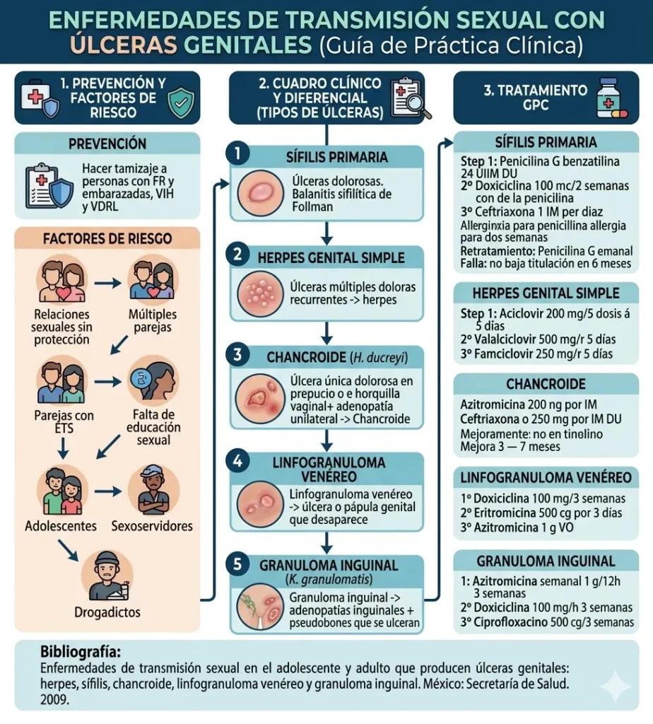 Infografía médica sobre ETS con úlceras genitales, detallando diagnóstico diferencial y tratamientos de la GPC.