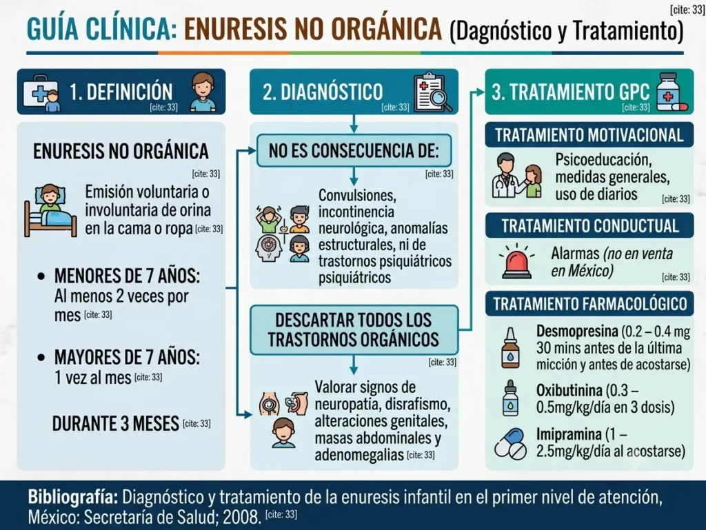 Infografía médica sobre enuresis no orgánica en niños, detallando criterios de definición, diagnóstico diferencial y fármacos GPC.