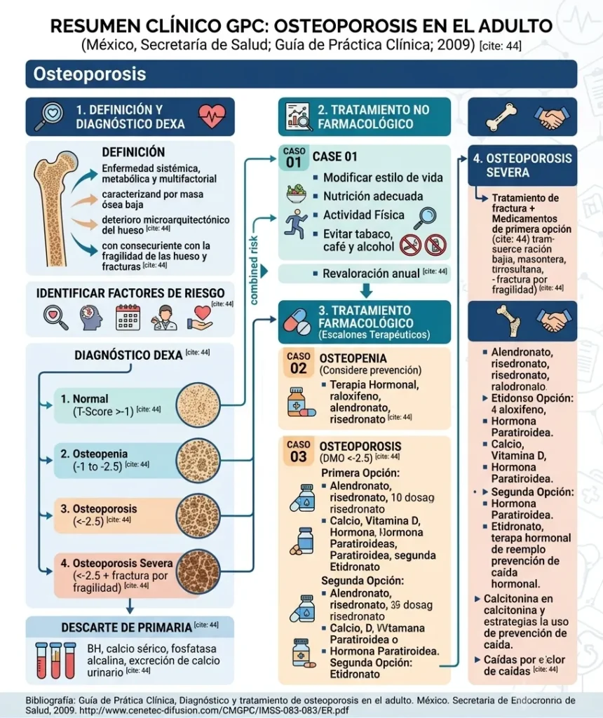 Infografía médica sobre Osteoporosis en adultos según la GPC, detallando la clasificación del T-Score, medidas no farmacológicas y algoritmos de tratamiento para osteopenia y osteoporosis severa.