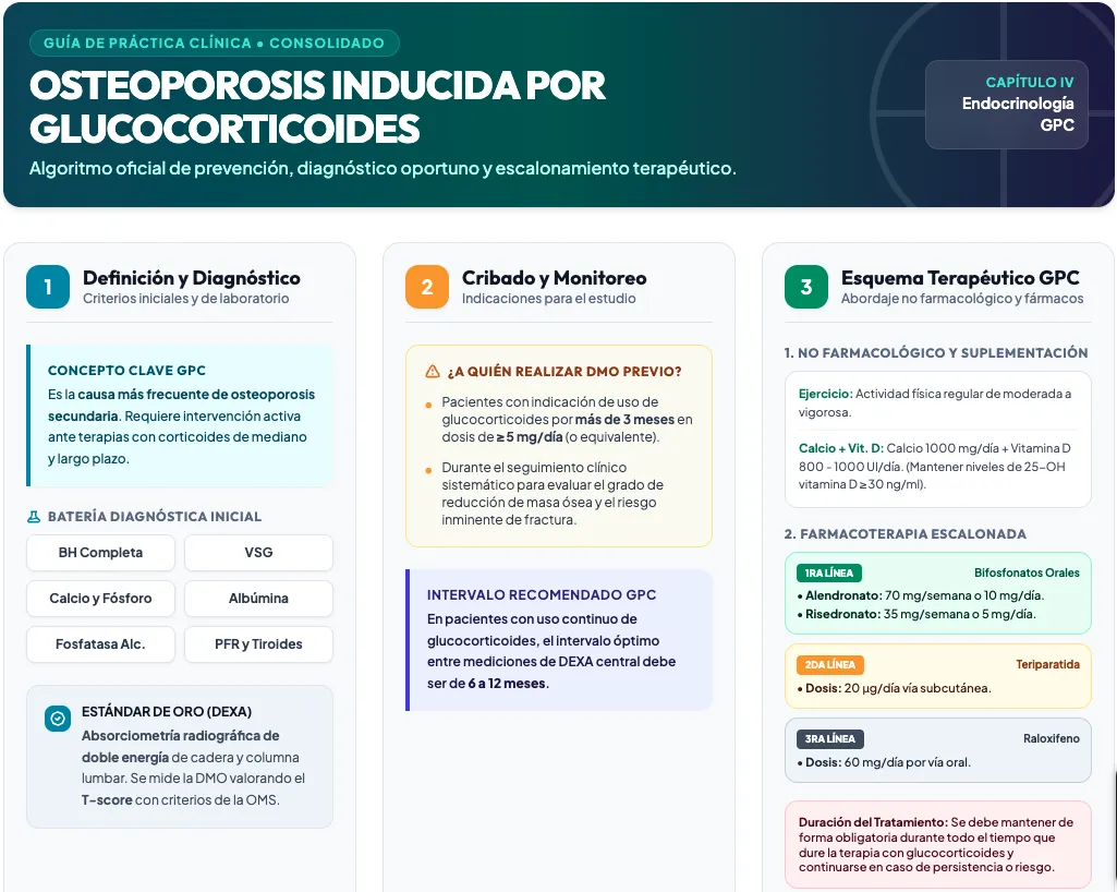 Infografía médica sobre Osteoporosis Inducida por Glucocorticoides según la GPC, detallando indicación de DMO (DEXA), laboratorios de tamizaje y líneas de tratamiento farmacológico.