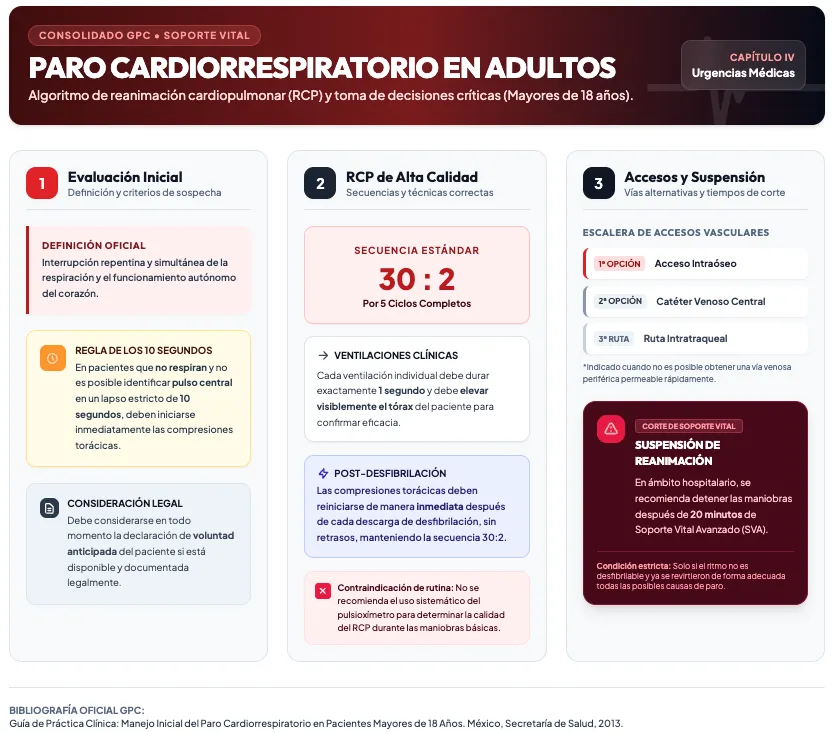 Infografía médica sobre el manejo del Paro Cardiorrespiratorio en mayores de 18 años, detallando la evaluación de pulso, secuencia de RCP 30:2, accesos vasculares de urgencia y criterios de suspensión.