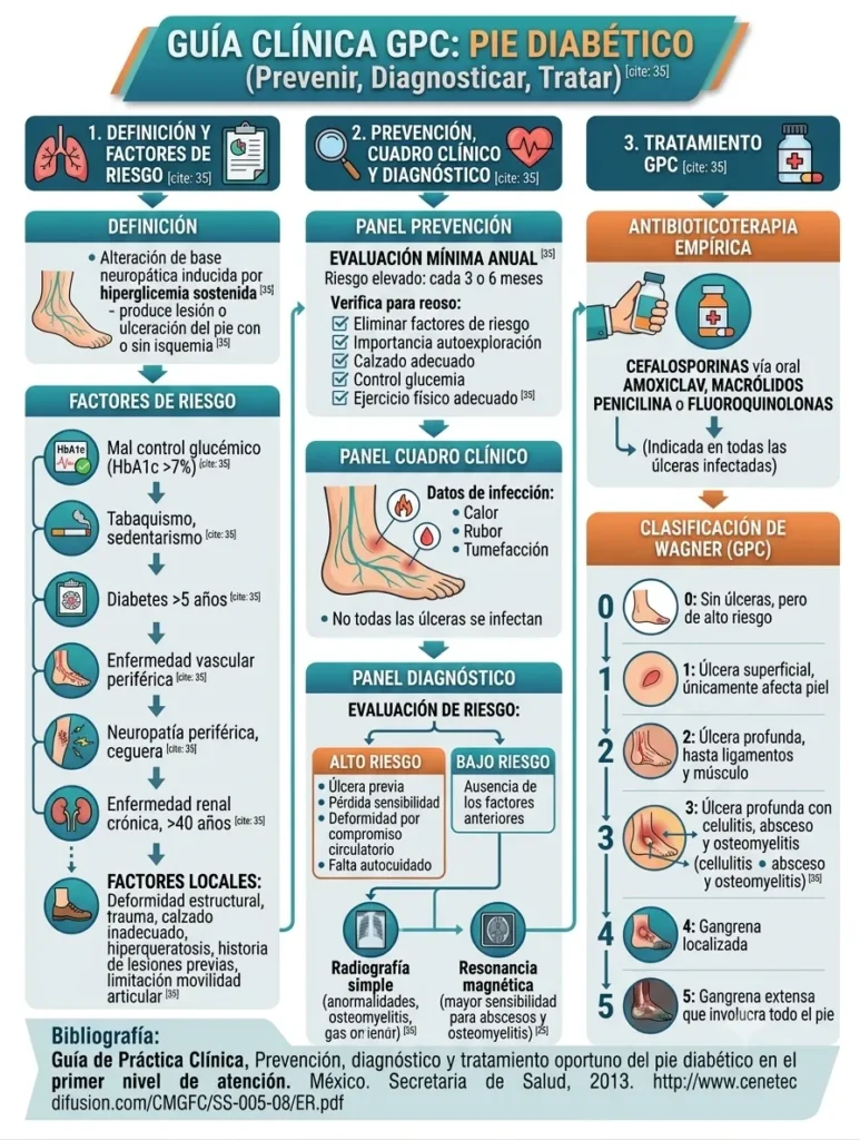 Infografía médica sobre Pie Diabético que detalla factores de riesgo, evaluación diagnóstica, antibioticoterapia empírica y los grados de la Clasificación de Wagner de la GPC.