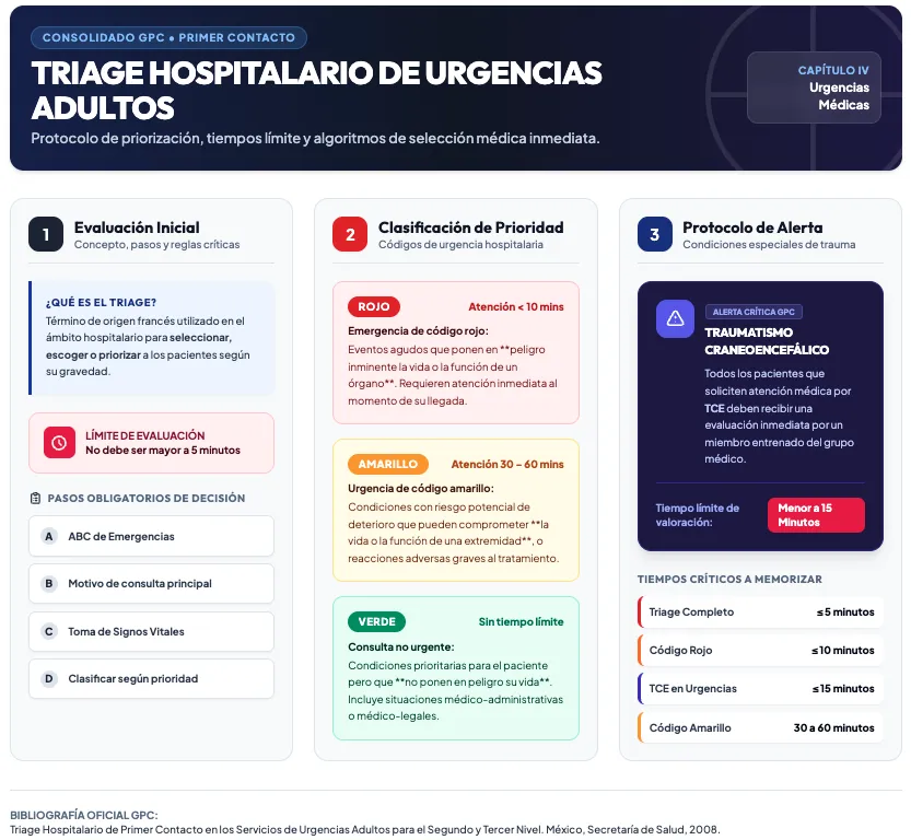 Infografía médica sobre el Triage Hospitalario en Urgencias Adultos, detallando la evaluación inicial, la clasificación de prioridad por colores (Rojo, Amarillo, Verde) y el protocolo de urgencia para TCE.