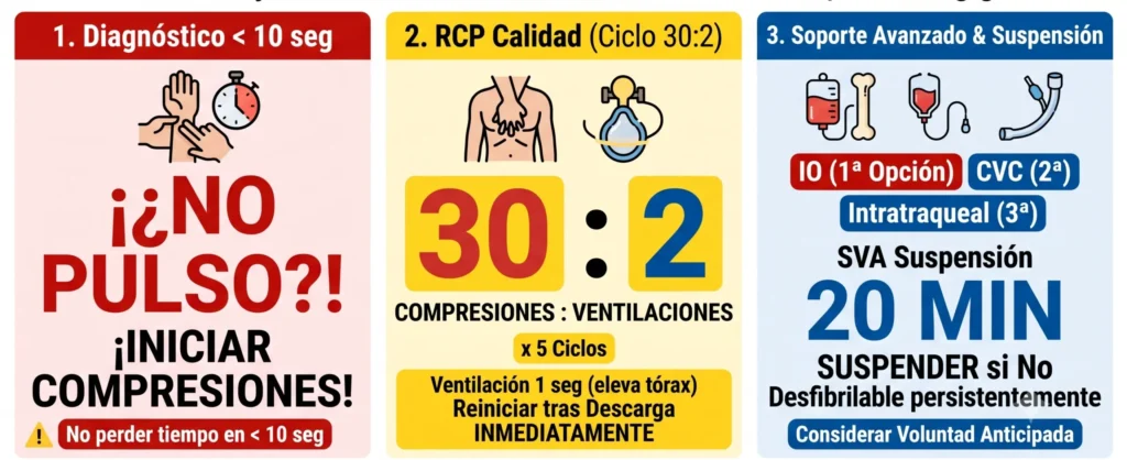 Infografía resumen para el ENARM sobre el manejo del Paro Cardiorrespiratorio en adultos mayores de 18 años según la GPC mexicana, destacando algoritmos de diagnóstico, RCP y soporte avanzado.